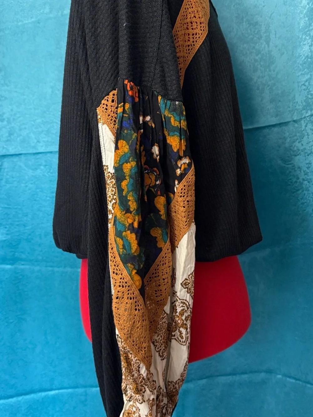 Free People Black Combo Waffle Knit Top